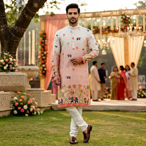 Conjunto de Kurta y Pijama Estampado para Hombre, Rayón, Estilo Étnico, para Fiestas, Largo hasta la Rodilla, Traje Tradicional - Product Image 1