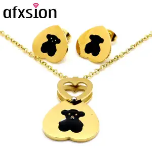 Afxsion Hot selling fashion Bear jewelry pendant necklace and earrings set Stainless steel jewelry set women
