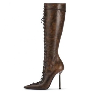 Lace up Front Cut Out Women Knee High <b>Boots</b> Big Size 44 Solid Stiletto Dress Shoes Slim Heels Side Zipper Long <b>Boots</b> - Product Image 3