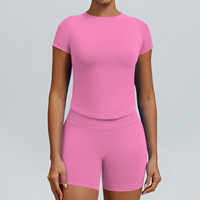 Ensembles d'entraînement pour femmes YY, 2 pièces, tenues sans coutures, shorts froncés, t-shirt à manches courtes et col rond, ensemble de yoga