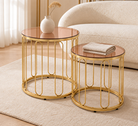 Ensemble de 2 tables basses de luxe modernes avec plateau en verre trempé et base en métal doré, tables rondes imbriquées pour salon, meubles de maison