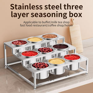 Étagère à épices à trois niveaux en acier inoxydable, 16 compartiments, pots ronds, support à condiments pour service buffet, équipement de restaurant - Product Image 5
