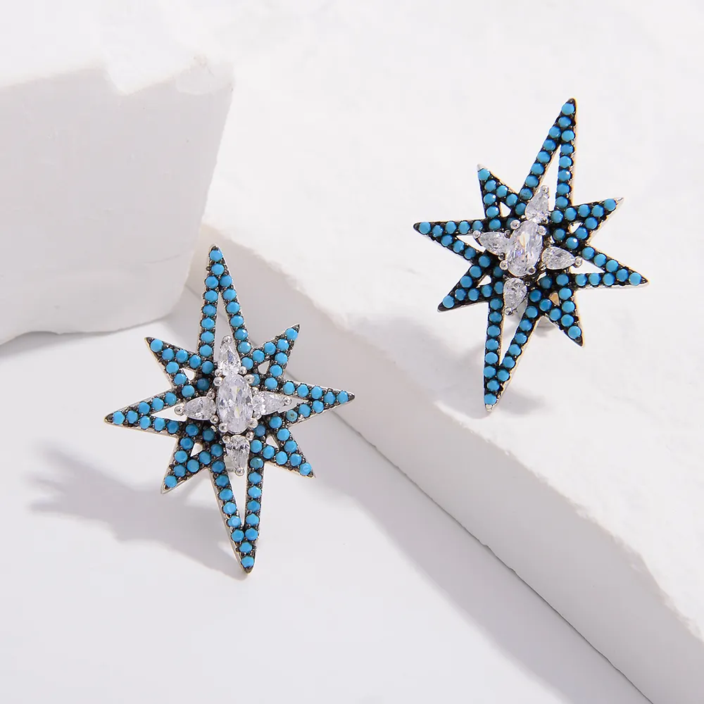 Low Moq 925 Sterling Silver Retro Turquoise Stars Designer Earrings Zircon Stone Charms Star Earrings