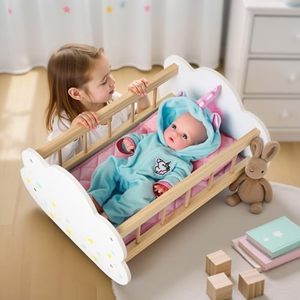 Berceau à <span class=keywords><strong>bascule</strong></span> en bois pour poupées 12-16 pouces <span class=keywords><strong>lit</strong></span> de sommeil avec accessoires meubles adaptés pour chambre ou salon - Product Image 6