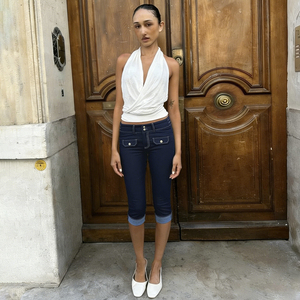 faux denim material Retro low-rise skinny pants Pocket decoration Cuffed Hem Five-point pants - Product Image 4