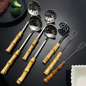 Ensemble de louches à soupe en acier inoxydable avec manche en bambou pour service buffet, ustensiles de cuisine de restaurant, passoire et cuillère de service - Product Image 3