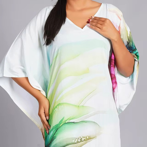 Caftán de Mujer de Alta Calidad, Estampado Floral, Tela Satinada, Transpirable, Lujoso, para Playa, Verano y Primavera, Excelente Precio, Ideal para Regalo - Product Image 1