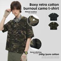 T-shirt décontracté d'été pour homme à manches courtes, camouflage, pur coton, style vintage américain, coupe ample et déstructurée