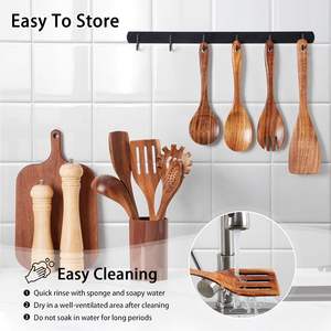 Ensemble d'ustensiles en bois de teck antiadhésif de qualité supérieure 9 pièces Poignée confortable Cuillères de cuisine avec boîte cadeau de qualité supérieure pour une utilisation en cuisine ou en cadeau - Product Image 5