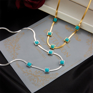 Geometric Turquoise Square Titanium Steel Snake Chain Necklace Gold Party Jewelry - Product Image 3