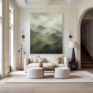 Peinture de paysage de montagne brumeuse, art sur toile vert et gris serein, peinture murale artisanale, art mural sur toile - Product Image 2