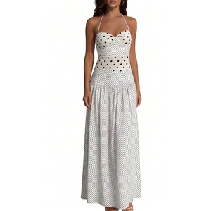 Women's Polka Dot <b>Print</b> Halter Neck Maxi Dress - Sleeveless Ruched Waist Casual Dresses Fashion - Product Image 2