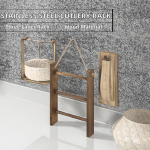 Escurridor de cubiertos de madera de tres niveles, independiente y montado en pared, para cucharas, tenedores, palillos y platos - Accesorios de cocina - Product Image 2