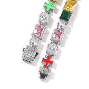 Hip Hop 10mm exquisito templario diamantes multicolores esmalte Cruz mezcla de piedras preciosas racimo colorido cadena pulsera collar - Product Image 4