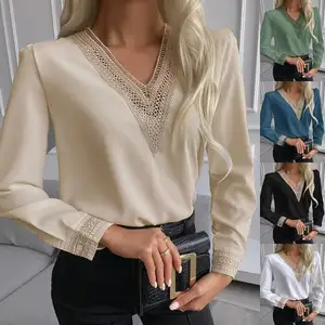 Fashion Ladies Long Sleeve Casual White Embroidery V-neck Formal Chiffon Tops Blouse Women New Top Shirts