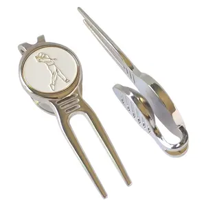 Populair Ontwerp Sliver Golfbal Mark Zinklegering Metalen Groene Vorken Golf Gazon Divot Reparatie Tool Voor Golfbaan Turf