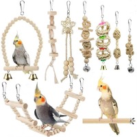 Ensemble de jouets à mâcher et à grimper en bois suspendus, écologiques, non toxiques et colorés, avec balles en rotin et loofah pour perroquets et petits oiseaux en cage