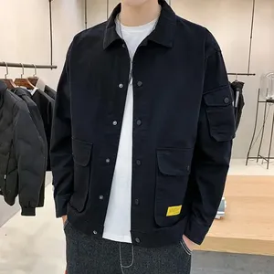 Chaqueta Bomber de Otoño para Hombre de Color <span class=keywords><strong>S</strong></span>ólido con Botonadura Sencilla Ropa de Abrigo Casual Estilo Harajuku Streetwear con Cuello Vuelto y Bolsillos Cargo - Product Image 3