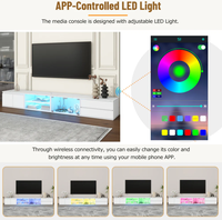 Meuble TV LED avec plateau en faux marbre, console multimédia avec portes en verre trempé, centre de divertissement blanc avec 2 tiroirs et armoires