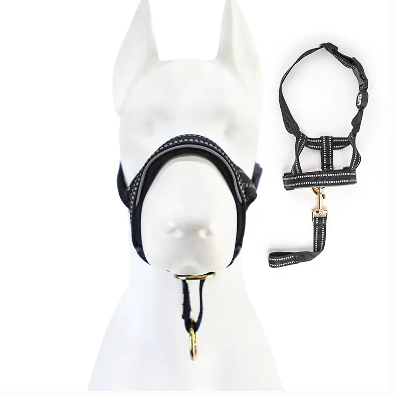 Benutzer definierte reflektierende Hunde mündung Benutzer definierte Haustier Nylon Anti Bark Halsband Gummi Logo Weich Stark No Pull Gentle Leader Hundekopf halsband