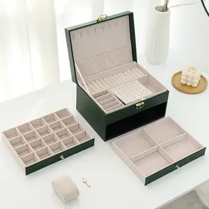 multi function jewelry storage box 3 layers jewelry organizer velvet and lock PU jewelry box