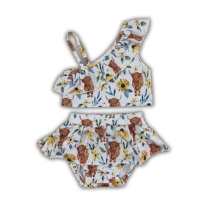 9 choix de maillots de bain pour filles de style occidental, imprimé tournesol, guépard, floral, à une épaule, avec volants, ensemble de plage - Product Image 6