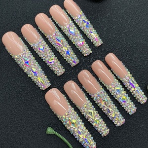 Ongles en acrylique <span class=keywords><strong>press</strong></span>-<span class=keywords><strong>on</strong></span> XXL extra longs, faits main, avec paillettes et strass, qualité salon de luxe, peinture à la main, <span class=keywords><strong>gel</strong></span> brillant - Product Image 1