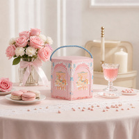 Caja de Regalo Ecológica de Papel Rígido Recubierto con Diseño de Carrusel, Asa Rosa, para Bodas, Baby Shower, Fiestas de Cumpleaños, Caja Portátil
