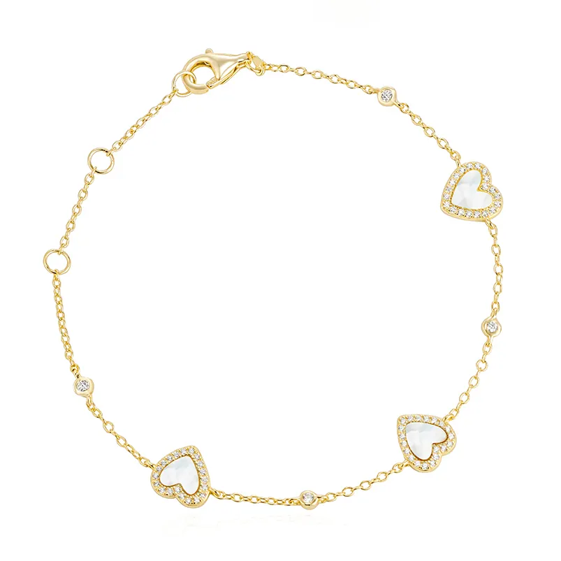 Gemnel latest fashion 925 sterling silver 18k gold heart mother of pearl cz bracelet