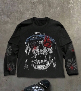 T-Shirt a Maniche Lunghe da <span class=keywords><strong>Uomo</strong></span> Oversize con Ricamo, Strass e Logo Personalizzato Stampato, in Nero - Product Image 1