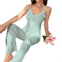 Women Casual Polka Dot Ruffled Spaghetti Strap Pajama Set Knitted Soft Sleepwear Full Length Elastic Waist Pants Spring Beach