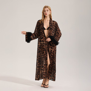 Robe longue à manches longues imprimé léopard PJ-1436 pour femme, en mousseline douce, peignoir de matin, vêtement d'intérieur été automne - Product Image 1