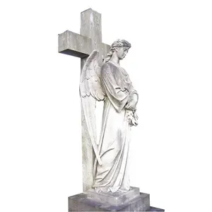 Begraafplaats marmer angel beeldjes met cross sculptuur stenen standbeeld