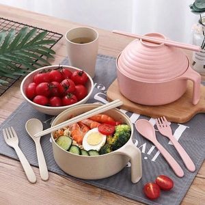 Japanese Style Instant Noodle Bowl With Lid Large Size Household Wheat Straw Tableware Chopsticks Set Solid Color - Product Image 2