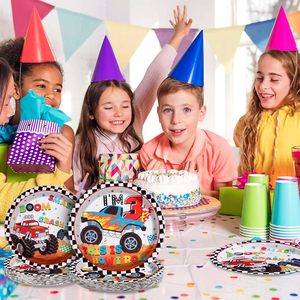 Ensemble de vaisselle à carreaux DAMAI pour fête d'anniversaire sur le thème des camions, décorations d'anniversaire pour la 3ème fête d'anniversaire sur le thème des camions pour enfants, pour 24 personnes - Product Image 6