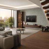 Ensemble Meuble TV et Table Basse en Noyer Moderne de Luxe, Meuble Mural Flottant pour Salon, Armoire Murale pour Villa CE