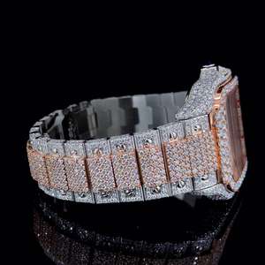 Luxury iced out diamond <b>wristwatch</b> square dial with red numeral markers rose gold accents crystal bezel silver bracelet - Product Image 2