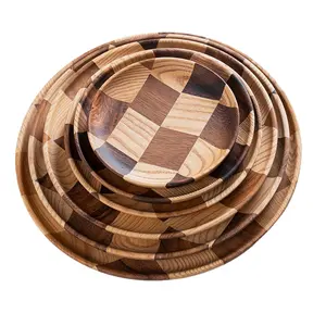 Fancy Design Natural Wooden Food Plates Serving Tray Round Fruit Snack Dessert Dishes Tableware