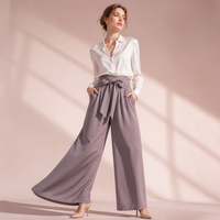 Pantalon large personnalisé pour femme, taille à ceinture, drapé, extensible, élégant, décontracté, avec nœud, lisse et tendance