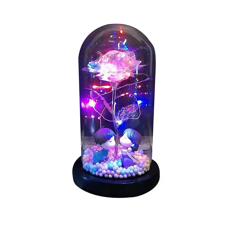 골드 호일 로즈 발렌타인 데이 선물 LED 장미 램프 영원한 꽃 유리 커버 유리 돔 로즈
