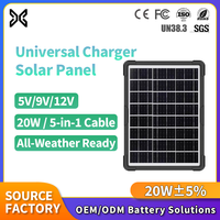 Chargeur solaire universel 20W pour batterie de voiture, téléphone, tablette, ordinateur portable, hub USB, pinces crocodiles, câble 5-en-1, 12V 5V 9V, hors réseau