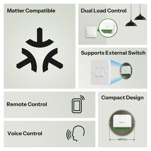 Pour MINI <span class=keywords><strong>DUO</strong></span> Interrupteur intelligent Wi-Fi 2 voies compatible Matter, contrôle double charge, mode relais détachable, compatible Alexa <span class=keywords><strong>Google</strong></span> Home, en polycarbonate - Product Image 3