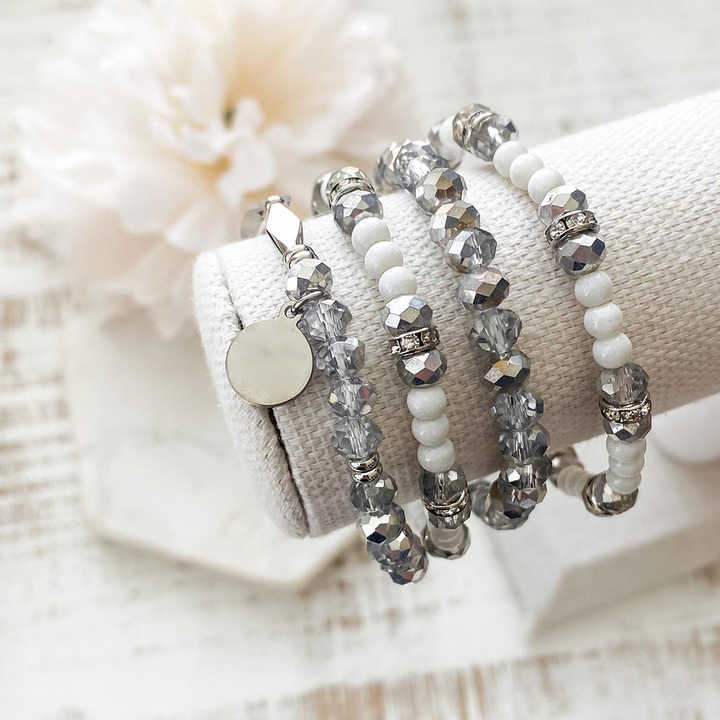 Set of 4 Stack Color Plating Glass Bead With Rhinestones Bracelet,Minimalist Women's Crystal Beaded Stretch Stack Bracelet Set