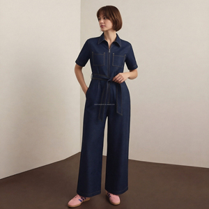 Combinaison en jean personnalisée pour femme avec col chemise, fermeture éclair frontale, ceinture et <span class=keywords><strong>pantalon</strong></span> <span class=keywords><strong>large</strong></span> - Product Image 1