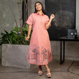 Vestido Midi Bordado de Lino Rosa Artesanal de Calidad Excepcional, Elegante y Casual para Mujer - Product Image 4