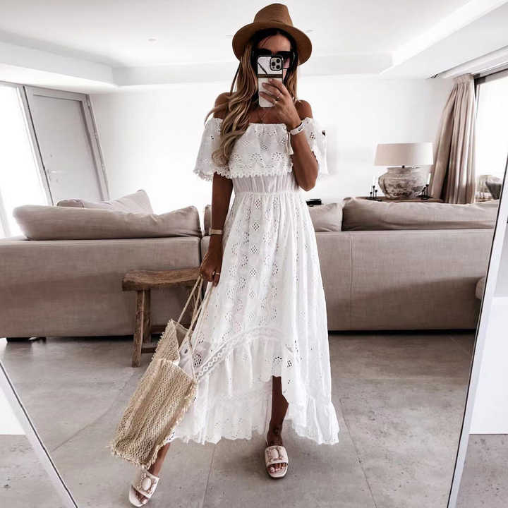 Wholesale Casual Summer Plus Size Women's Dresses Off-the-shoulder Lace  White Long Maxi Beach Dress Ladies