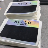 Autocollants holographiques personnalisés anti-contrefaçon écologiques 'Bonjour, je m'appelle' finition coquille d'œuf noire 10 cm x 7 cm