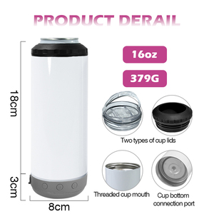 Refroidisseur de canettes isotherme en acier inoxydable 4-en-1 de 16 oz avec haut-parleur intégré, vierge pour sublimation - Product Image 5