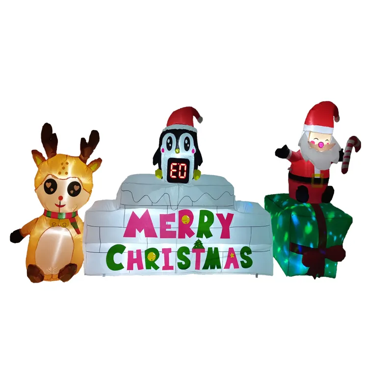 Đếm ngược hoạt hình trang trí Inflatable Đăng Board Santa tuần lộc và chim cánh cụt gia đình thổi ánh sáng lên
