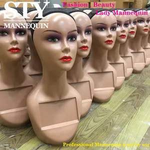 Manekin Wig Perempuan Coklat, Manekin Kepala Tampilan Wig Wanita Realistis Makeup Manekin Kepala Bibir Merah